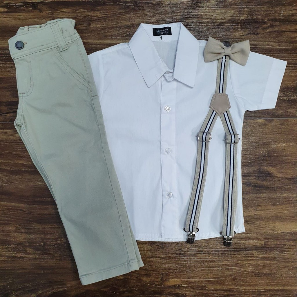Calça Bege com Suspensório e Camisa Branca com Gravata - Roupa Batizado