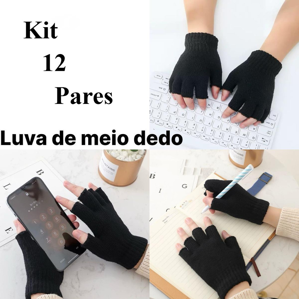 Kit 12 pares luvas de meio dedo de lã antiderrapante Unissex Masculino e feminino para inverno frio