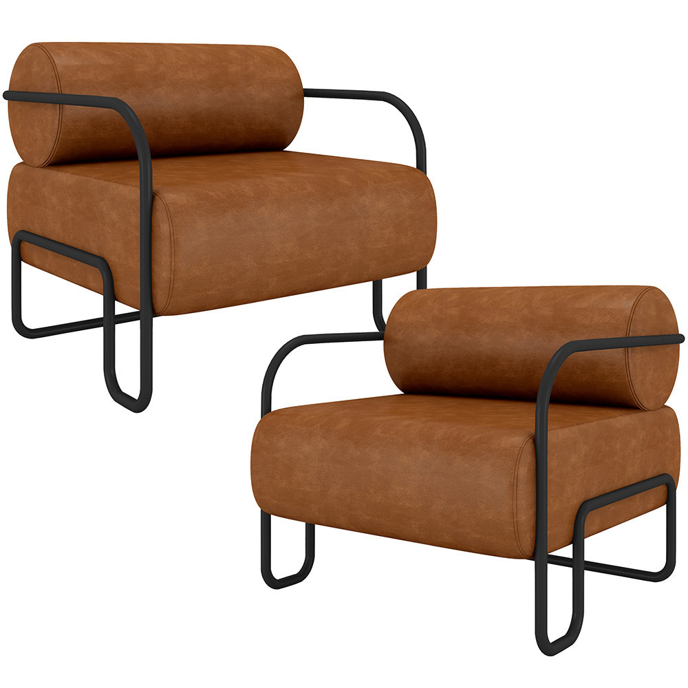 Kit 02 Poltronas Decorativa Pés Industrial Moscou K01 Couríssimo Caramelo - Lyam Decor - Home & Living