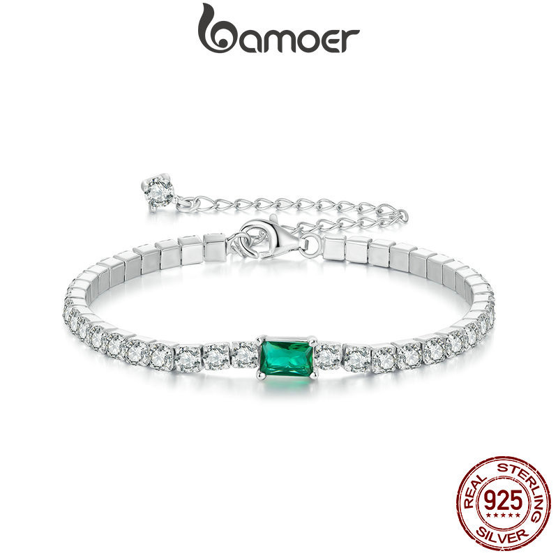Pulseira Bamoer 925 Sterling Sliver Bracelet Design Verde Esmeralda Elegante Jóias De Ocasão Diária Presentes Para Meninas Femininas