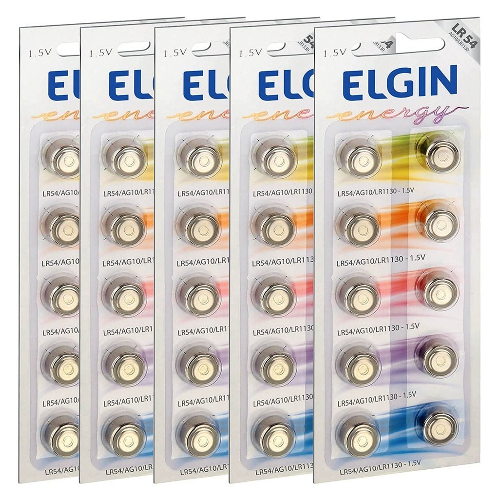 50 Pilhas Baterias LR1130 LR54 AG10 Alcalina Elgin 5 Cartelas C/ 10 Unidades