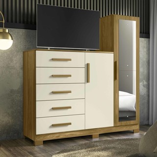 Cômoda com Espelho 5 Gavetas 2 Portas New Master  Cinamomo/Off White em Oferta na Shopee