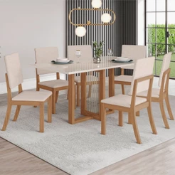 Mesa de Jantar 6 Lugares Natali com Vidro Nature/Off White/Linho - Henn