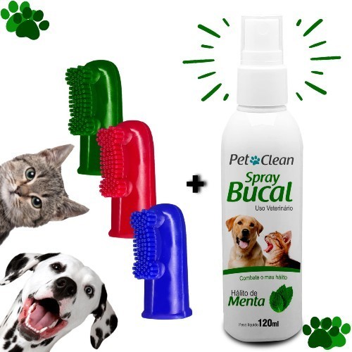 Spray Bucal Contra Mau Hálito + Escovas Dental Dente Para Pet Cachorro Gato Pet Clean 120 Ml