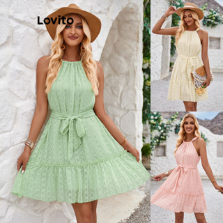 Lovito Casual Vestido Feminino Liso de Amarrar com Laço Traseiro LNL39017 (Damasco/Rosa/Verde)