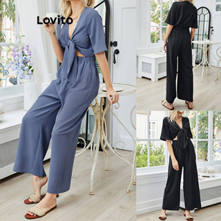 Lovito Conjunto De Calças Casuais Lisas Com Renda Para Mulheres LNL47201