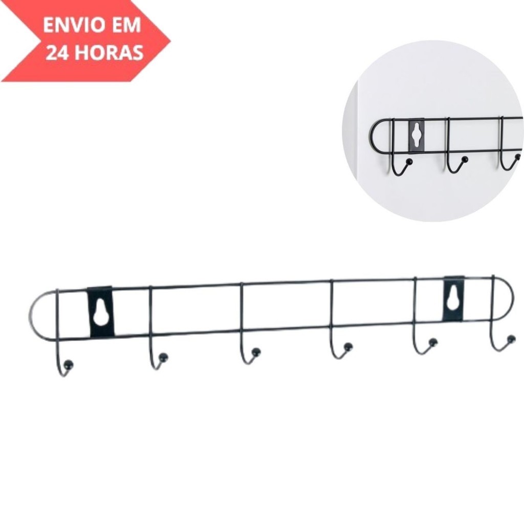 Cabide Gancheira Aramado 6 Ganchos Preto Parede Utensilios