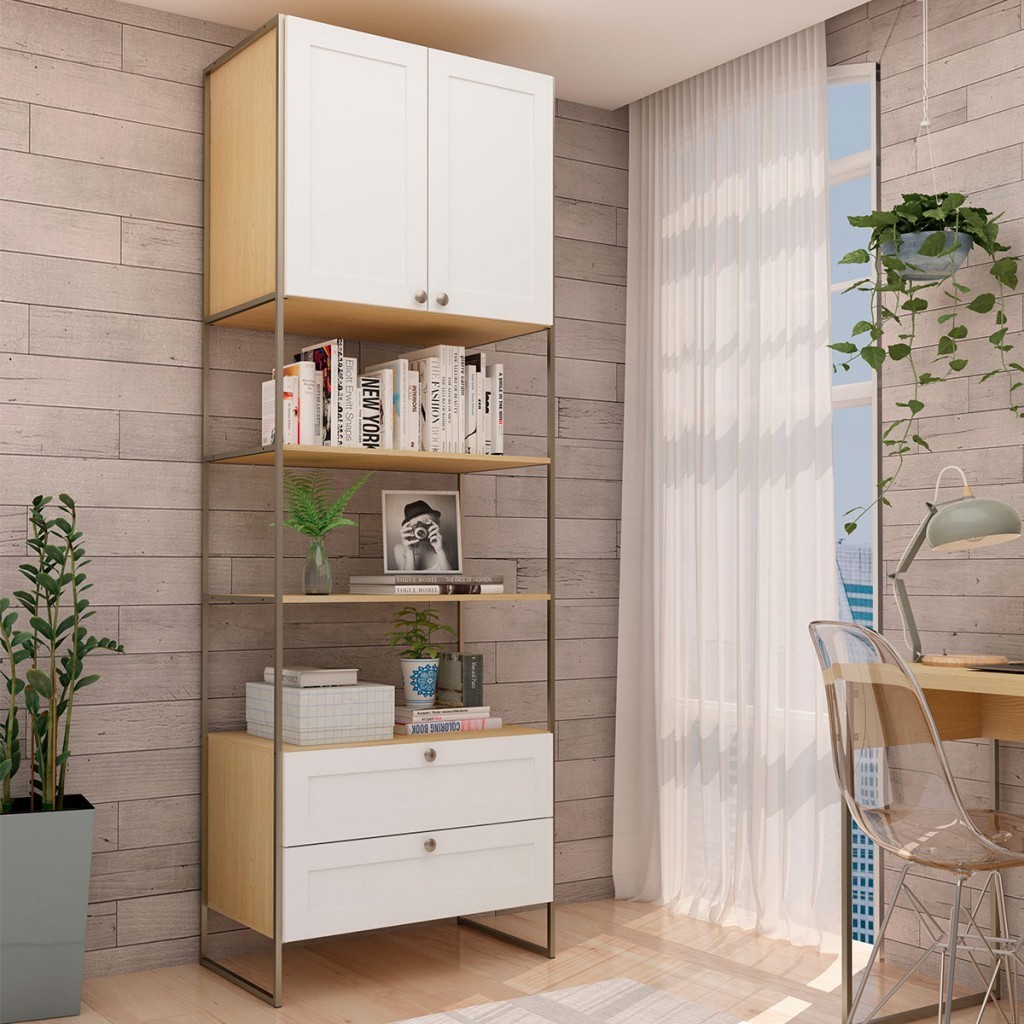 Estante para Livros 2 Portas 2 Gavetas Savana/Branco - Genialflex em Oferta na Shopee