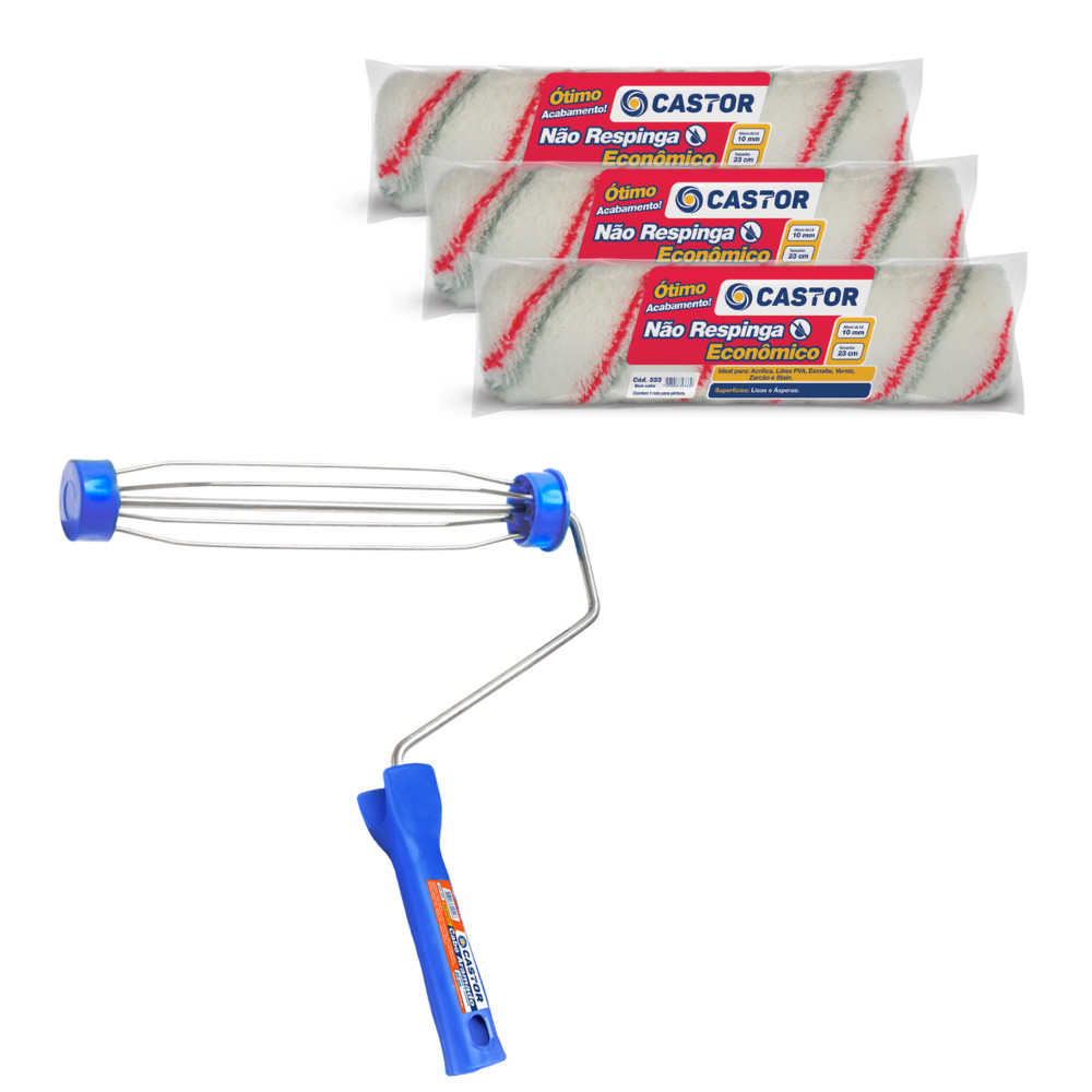 Kit 3 Rolos de Pintura Não Respinga + 1 Cabo - Castor em Oferta na Shopee