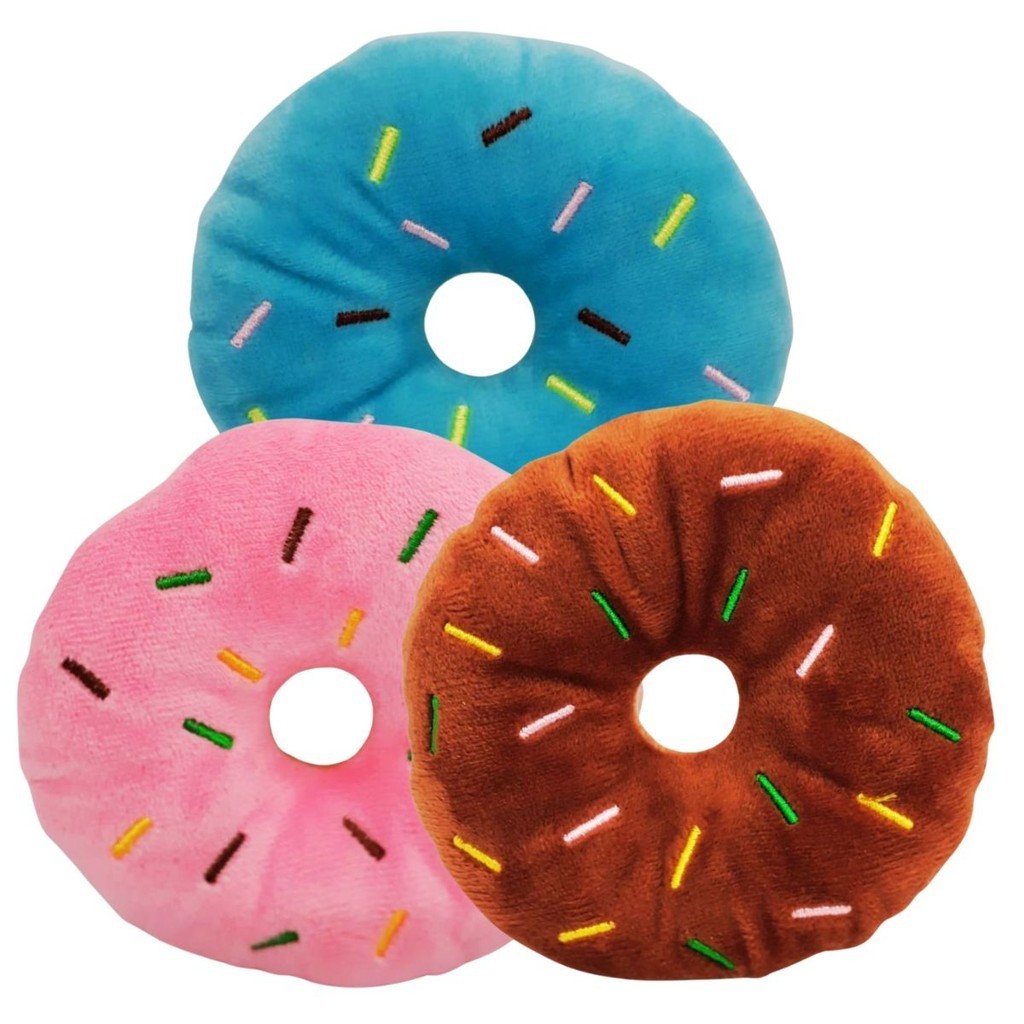 Kit 3 Pelúcia Brinquedo de Cachorro Pet Rosquinha Donuts Rosa Azul Marrom Mordedor com Apito Som