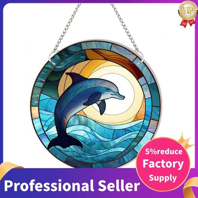 Dolphin Stained Acrylic Window Hanging Ornament Ocean Themed Decor Pendurado Com Corrente , Para Decoração Interior E Exterior , (11.8In)