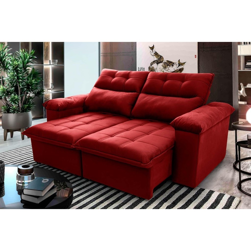 Sofá Retrátil Reclinável Verona 2,00m Suede Velut Vermelho  Molas no Assento - King House