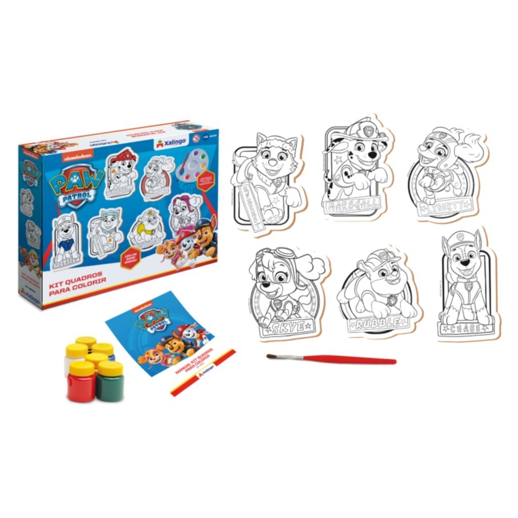 Brinquedo Kit 6 Quadros para Colorir da Patrulha Canina 6 Tintas Guaches Sortidas - Xalingo 68109 - Mom & Baby