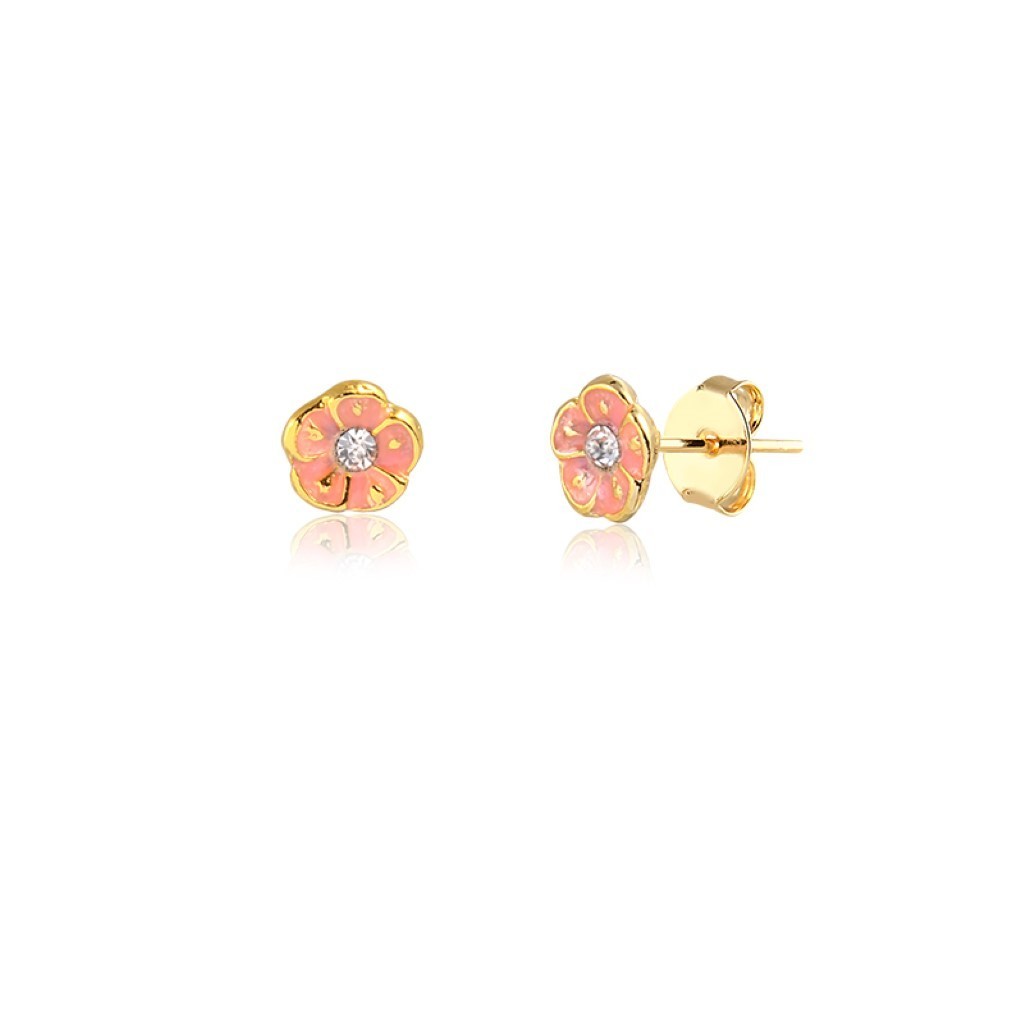 Brinco Banho de Ouro 18k Pequeno em Forma de Flor com Resina e Detalhe de Pedrinha (6mm)