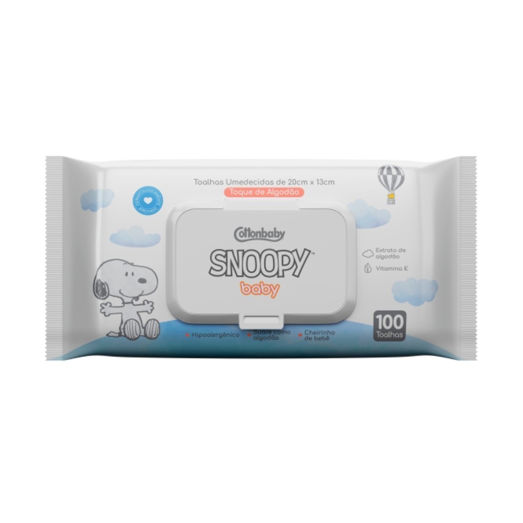 Toalhas Umedecidas Snoopy Baby 100 Unidades Toque de Algodão Hipoalergênicas e Macias
