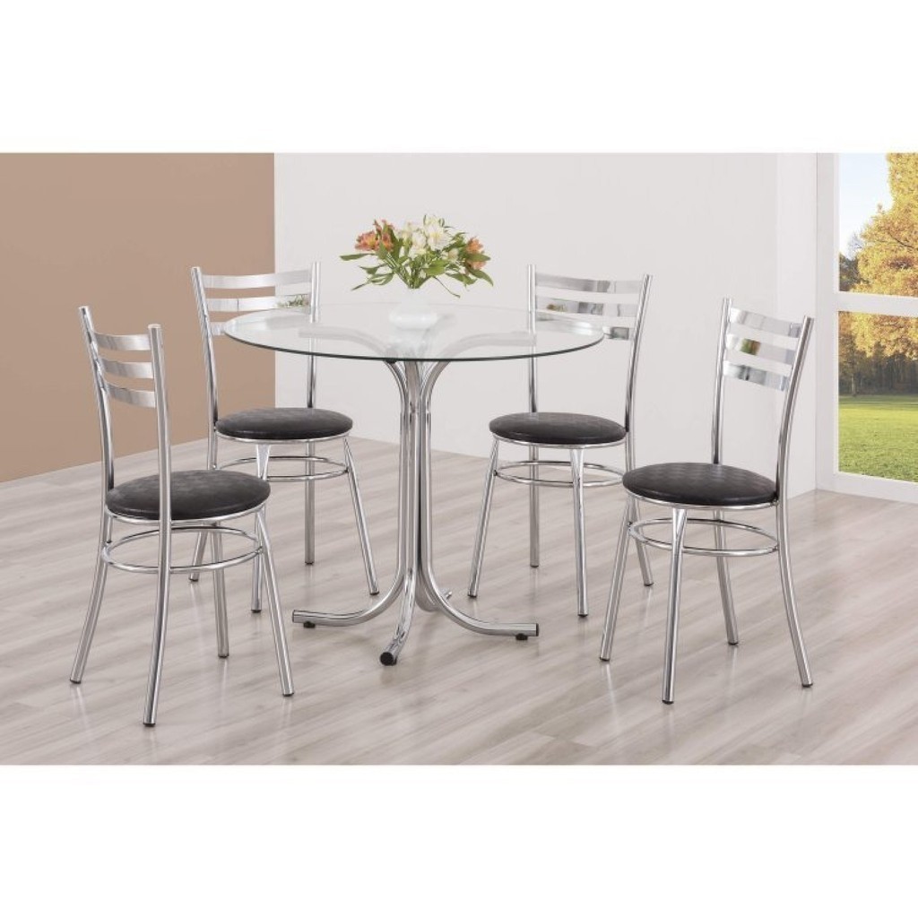 Conjunto Mesa Redonda Tampo de Vidro e 4 Cadeiras Assento Estofado  Cromado/Preto