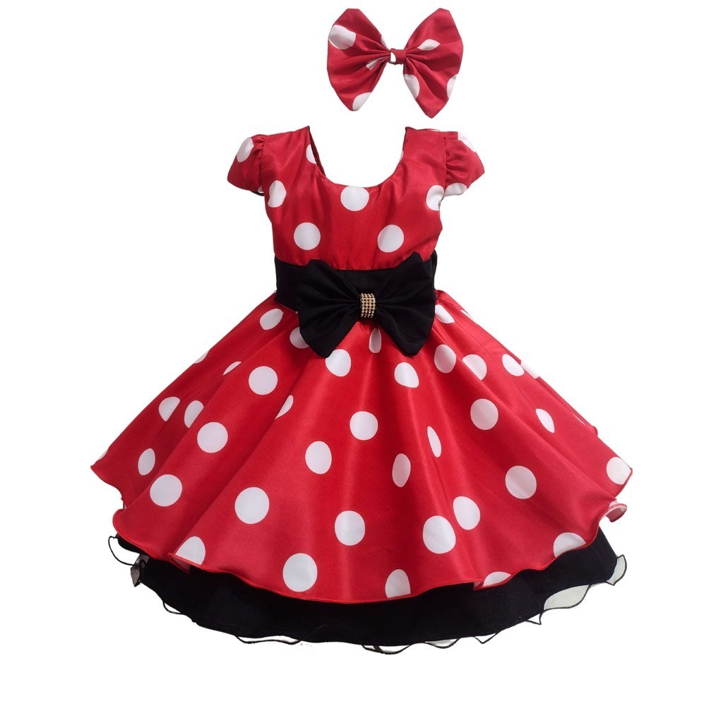 Vestido De Festa Infantil Minnie Curto Luxo Com Presilha De Cabelo