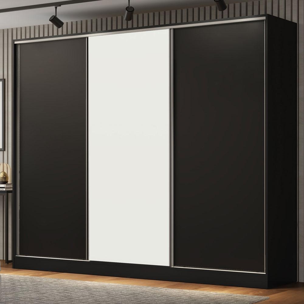 Guarda Roupa Casal 100% MDF Madesa Royale 3 Portas de Correr - Preto/Preto/Branco - Home & Living