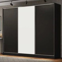Guarda Roupa Casal 100% MDF Madesa Royale 3 Portas de Correr - Preto/Preto/Branco