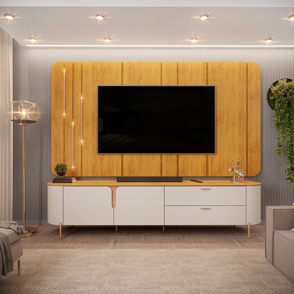 Painel com Bancada 241cm Avatar com LED e Detalhes Dourados para TV Até 75 Mel/Off White G18 - Gran
