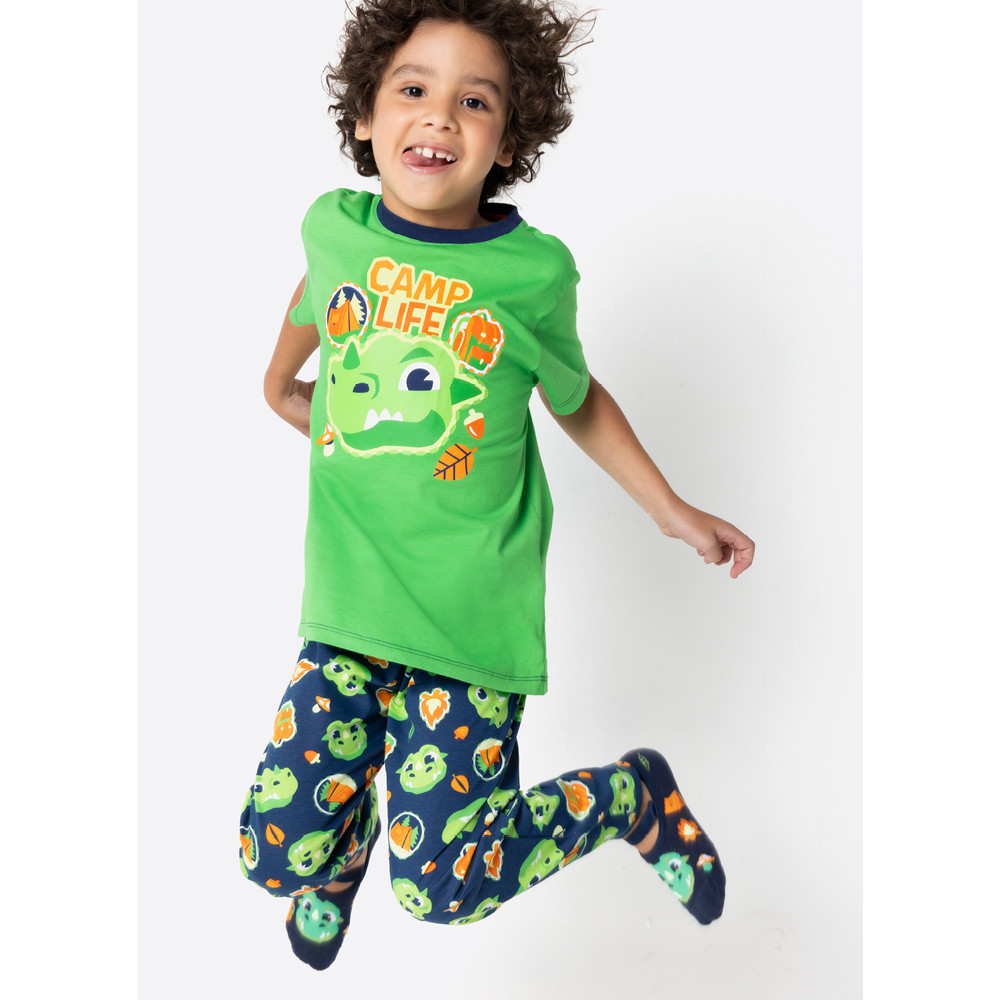 Pijama Manga Curta Algodão Menino Dragão Camping - Puket em Oferta na Shopee