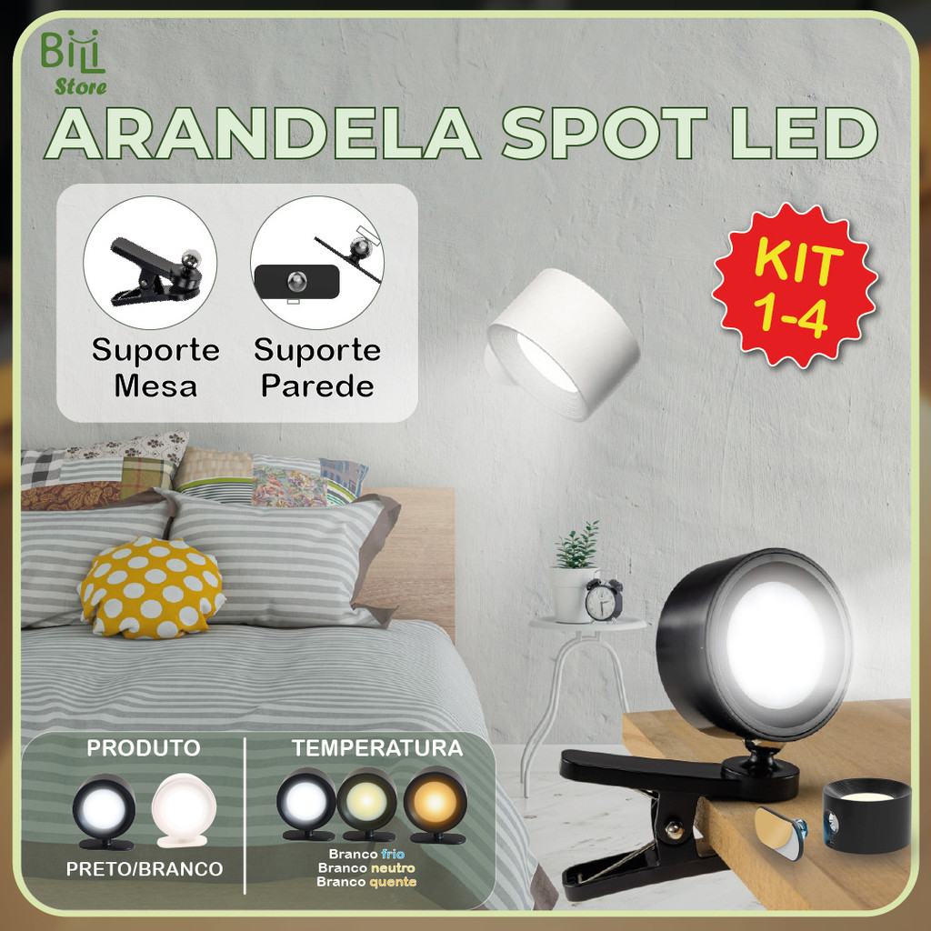 Luminária Spot Led 8W Arandela Cabeceira Luz de Parede 3 Tons de Luz Recarregável USB em Oferta na Shopee