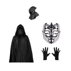 Fantasia V de Vingança: Máscara Luva Capa Preta Com Capuz Carnaval Halloween