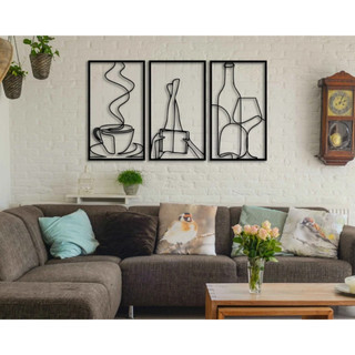 Trio Quadros Menina Livro Café Taça Decoração Ambientes MDF Preto Fosco