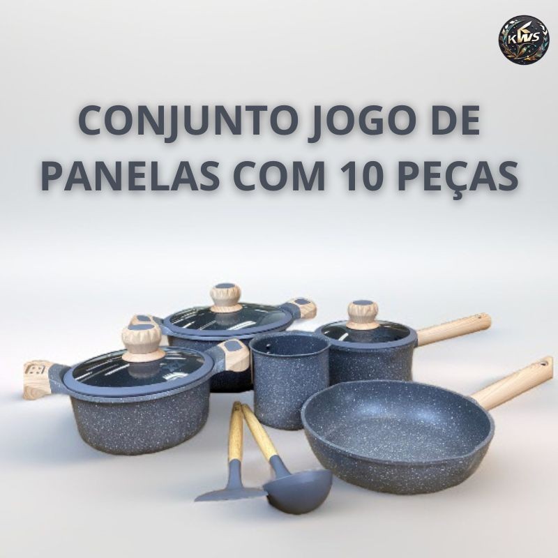 Conjunto Jogo de Panelas Alumínio Revestida em Granito 10 Peças - 5 Panelas 3 Tampas + 2 Utensílios- Paladino