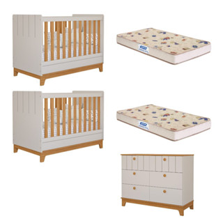 Quarto Bebê Gêmeos Berço Mini Cama  Cômoda 6 gavetas Liza e 2 Colchões Gazin Permobili em Oferta na Shopee