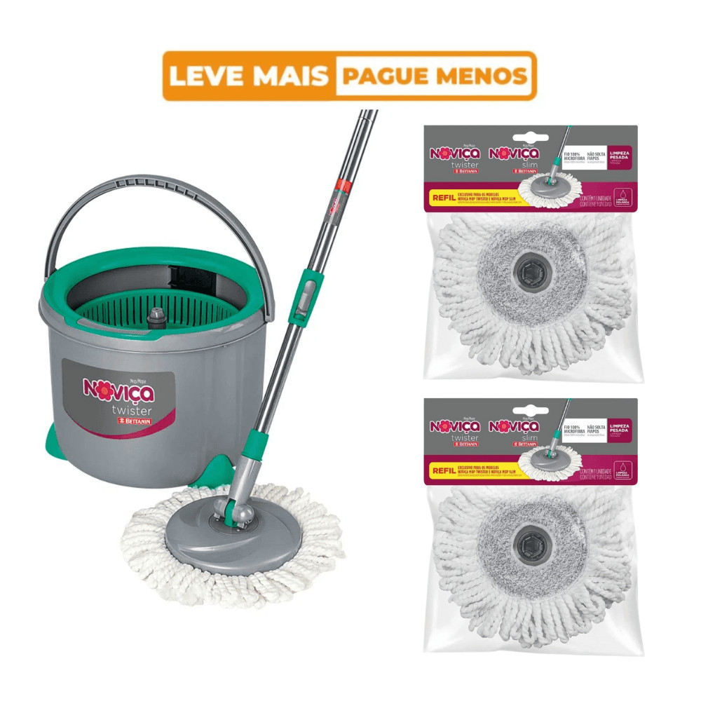 Kit Mop Twister de Microfibra com Cabo e Balde 13L + 2 Refil Mop Twister Noviça Bettanin