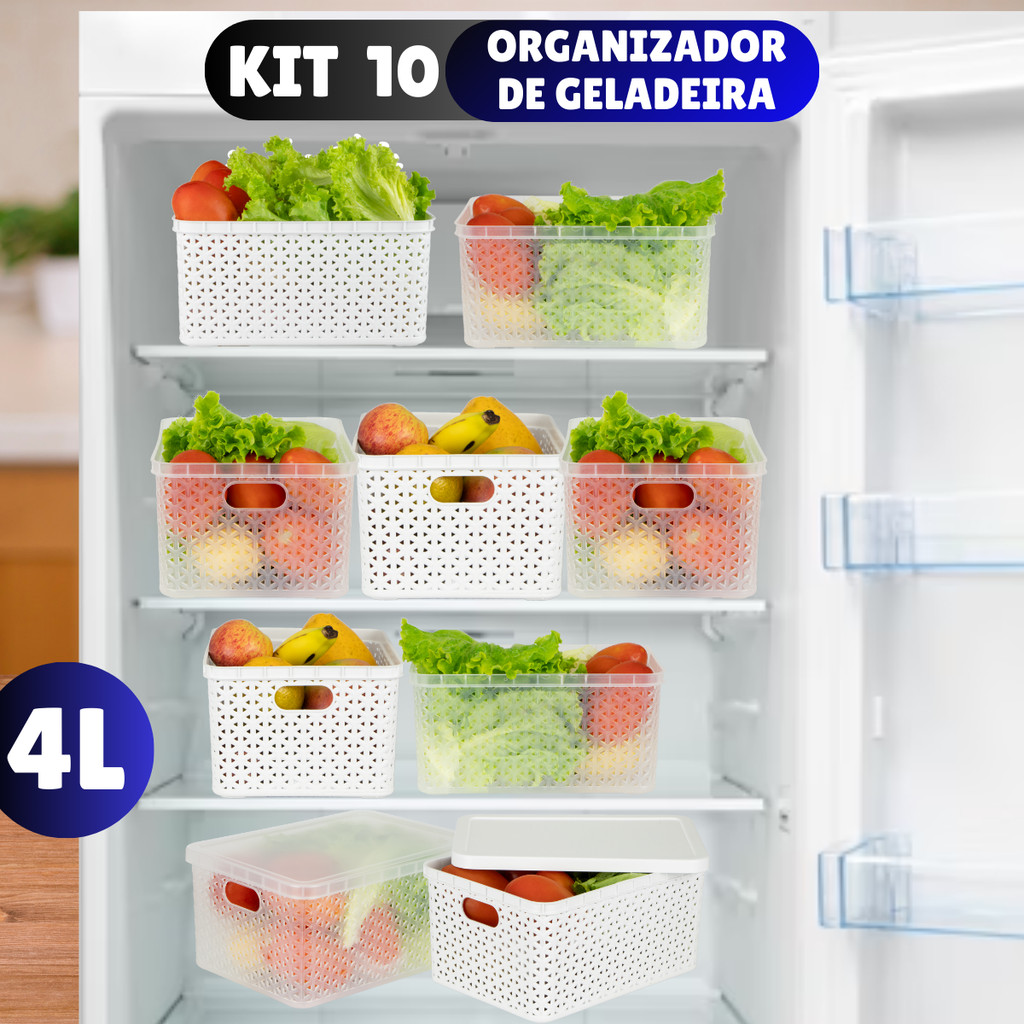 Kit 10 Organizador de Geladeira 4 Litros Cesto Com Tampa Multiuso Alimentos Verduras e Veg...
