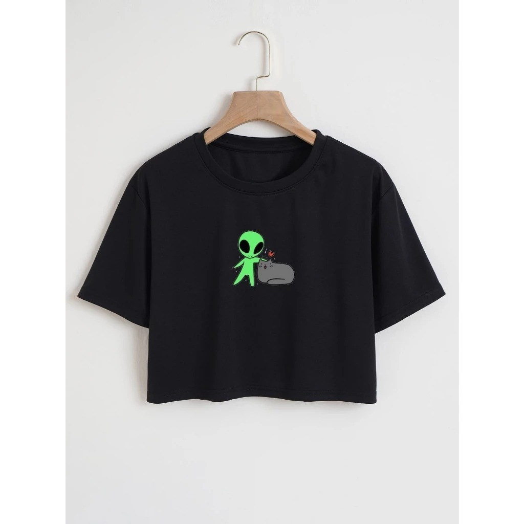 Cropped Algodão Blusinha T-shirt Feminina Estilosa Alien Com Gatinho Foto