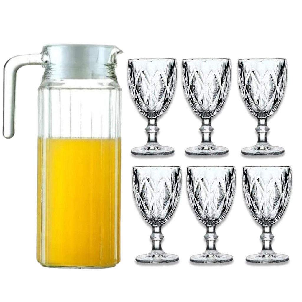 Jogo De Jarra 1l Com 6 Taças 340ml Em Vidro Para Água Suco em Oferta na Shopee