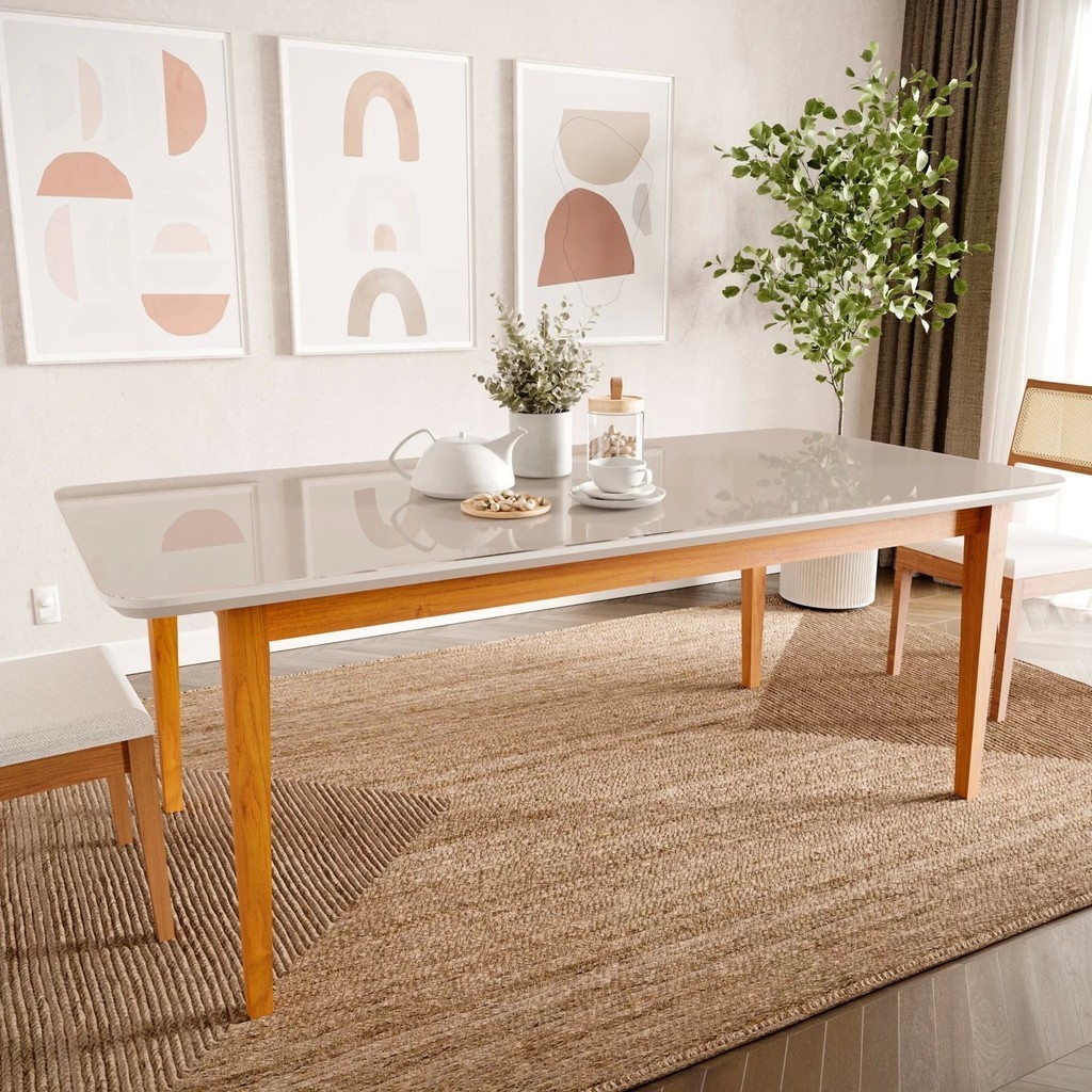 Mesa de Jantar 8 Lugares 2,10m Tampo MDF e Vidro Pés Madeira Maciça Tangará CabeCasa Madei...