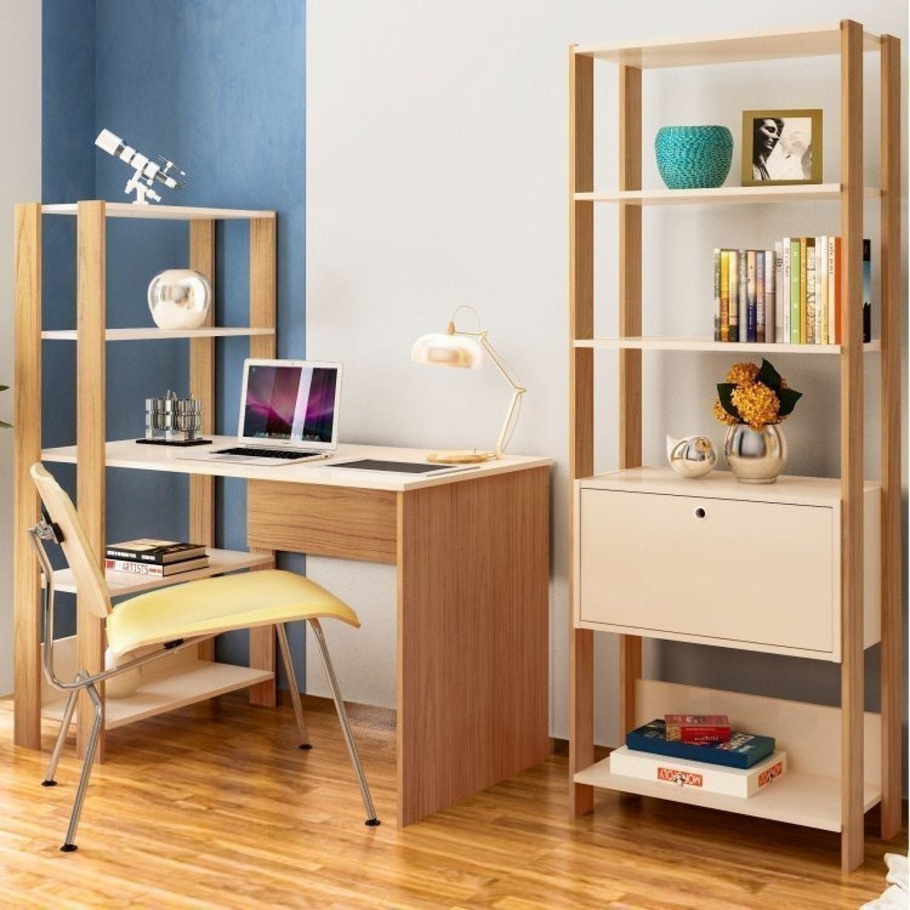 Kit 2 Peças Escrivaninha Match e Estante Off White/Carvalho em Oferta na Shopee