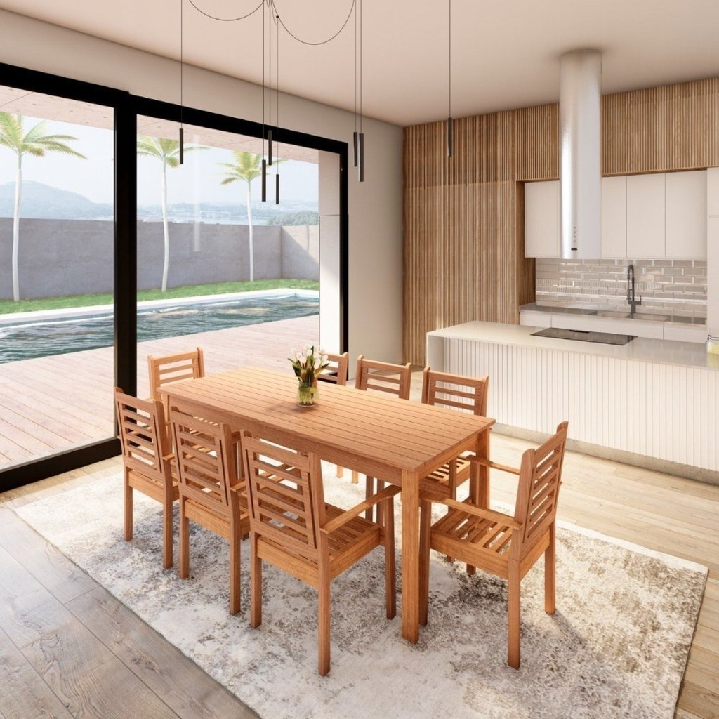 Conjunto Mesa com 8 Cadeiras Empilháveis Madeira Maciça - Home & Living