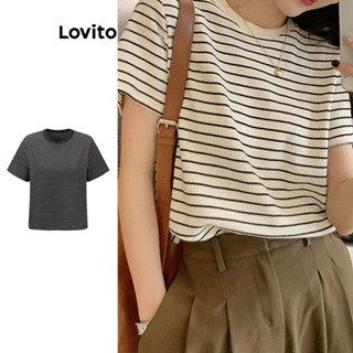 Lovito Casual Camiseta Feminina Listrada Básica de Manga Curta com Gola Redonda LNA07176 (Multicolorido)