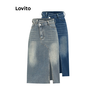 Lovito Casual Saia Jeans Feminina Lisa Assimétrica Lavada com Bolso L68ED117 (Multicolorido)