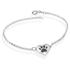 Pulseira patinha pet coração - Prata 925 resinada