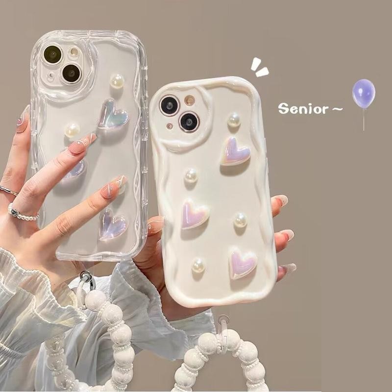 Estojo Para Samsung Galaxy S24 S23 S22 S21 S20 Plus Ultra FE A13 A15 A25 A35 A55 A54 A05S M54 Corrente De Pérolas A Laser 3D Love Heart Cute INS Borda Ondulada