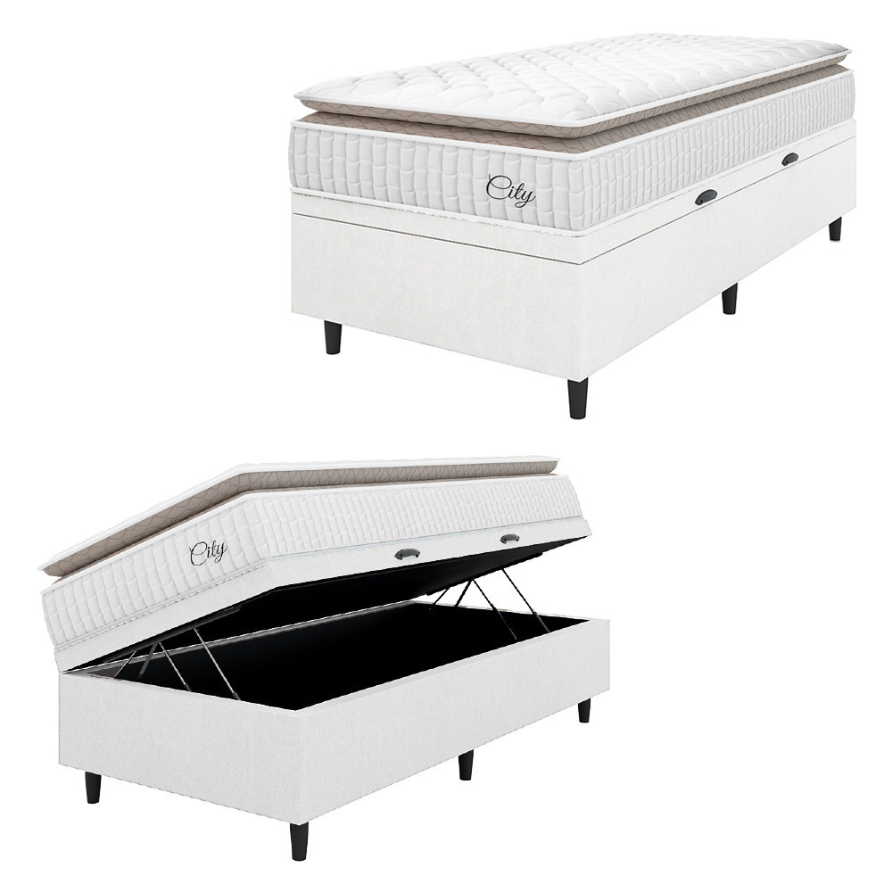 Cama Box Baú Colchão Solteiro Molas Ensacadas City Pillow Top 88x188x64cm Linho Branco / Bege Hellen em Oferta na Shopee