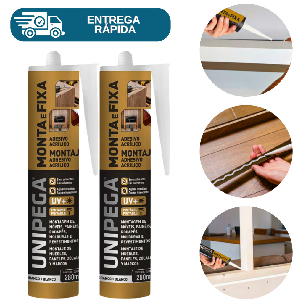 Kit 2 Cola Monta e Fixa Adesivo Selante 400g Unipega Móveis Prateleira Esquadria Rodapé Concreto
