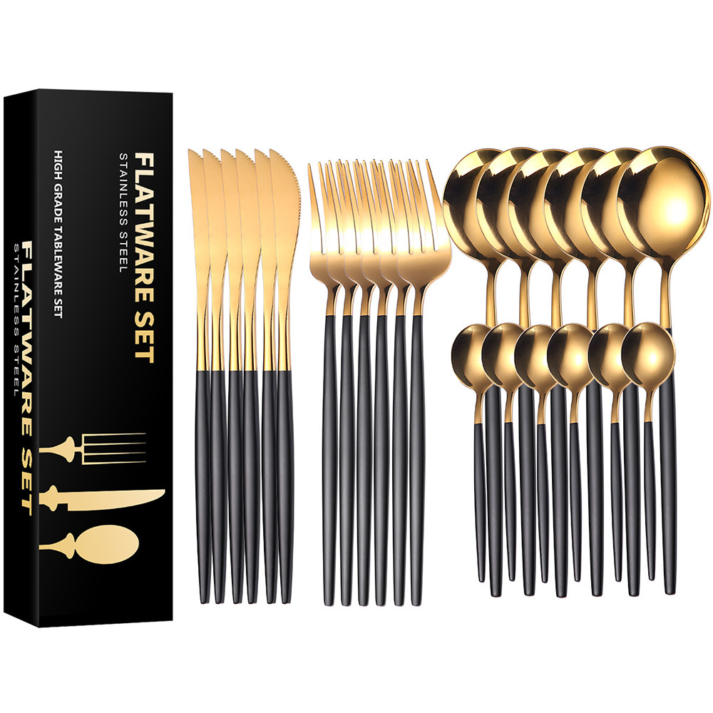 Kit 24 Peças Jogo De Talheres Preto Dourados Aço Inoxidável 416 em Oferta na Shopee