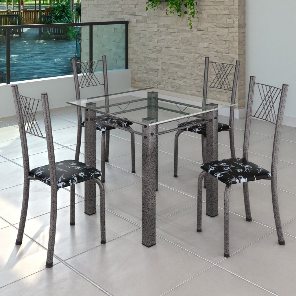 Conjunto de Jantar Mesa 75x75cm Tampo de Vidro Incolor com 4 Cadeiras Sara Yescasa Preto Floral/Prata em Oferta na Shopee