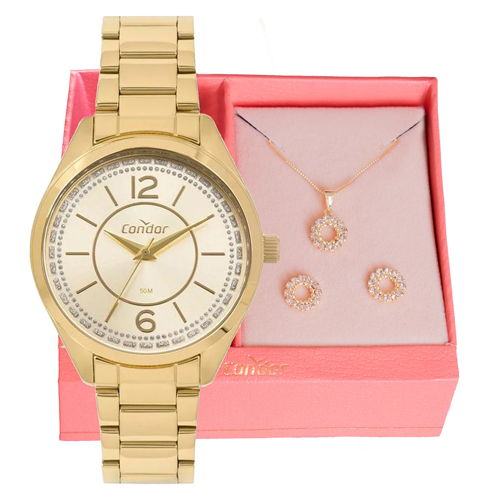 Relógio de Pulso Feminino Condor Dourado Analógico à Prova D'Água Colar e Brincos COPC21JLD/K4X em Oferta na Shopee