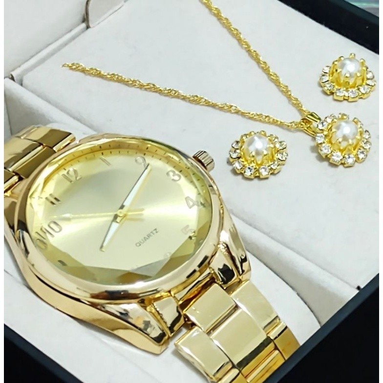 🔥OFERTA🔥 Relógio Feminino + Kit Colar Brincos Folheados A Ouro 18k * em Oferta na Shopee
