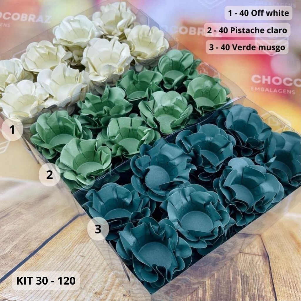 KIT 120 Forminhas Para Doces Finos OFF WHITE+PISTACHE CL+V.MUSGO em Oferta na Shopee
