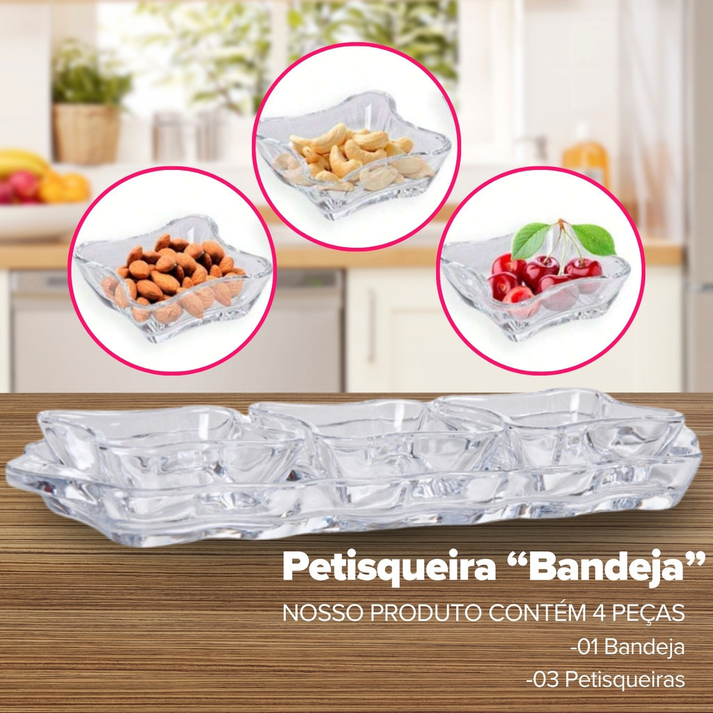 Petisqueira de Vidro Bandeja c/ 4 Peças Amendoim Petiscos Decoração de Mesa Luxo Material Resistente