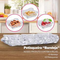 Petisqueira de Vidro Bandeja c/ 4 Peças Amendoim Petiscos Decoração de Mesa Luxo Material Resistente
